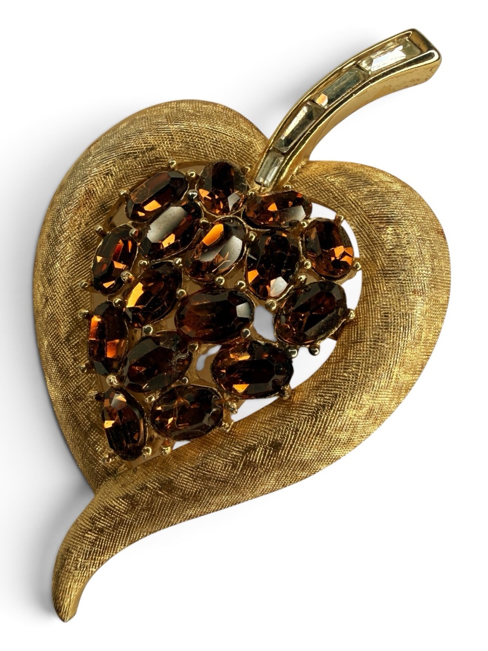 Vintage Crown Trifari Gold Leaf Brooch With Amber Rhinestones - Picture 4 of 13
